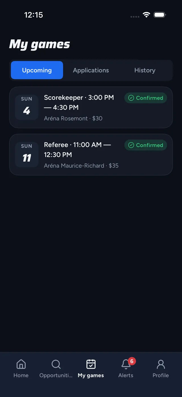 My games: upcoming tab with two confirmed games, scorekeeper and referee, with arena and pay