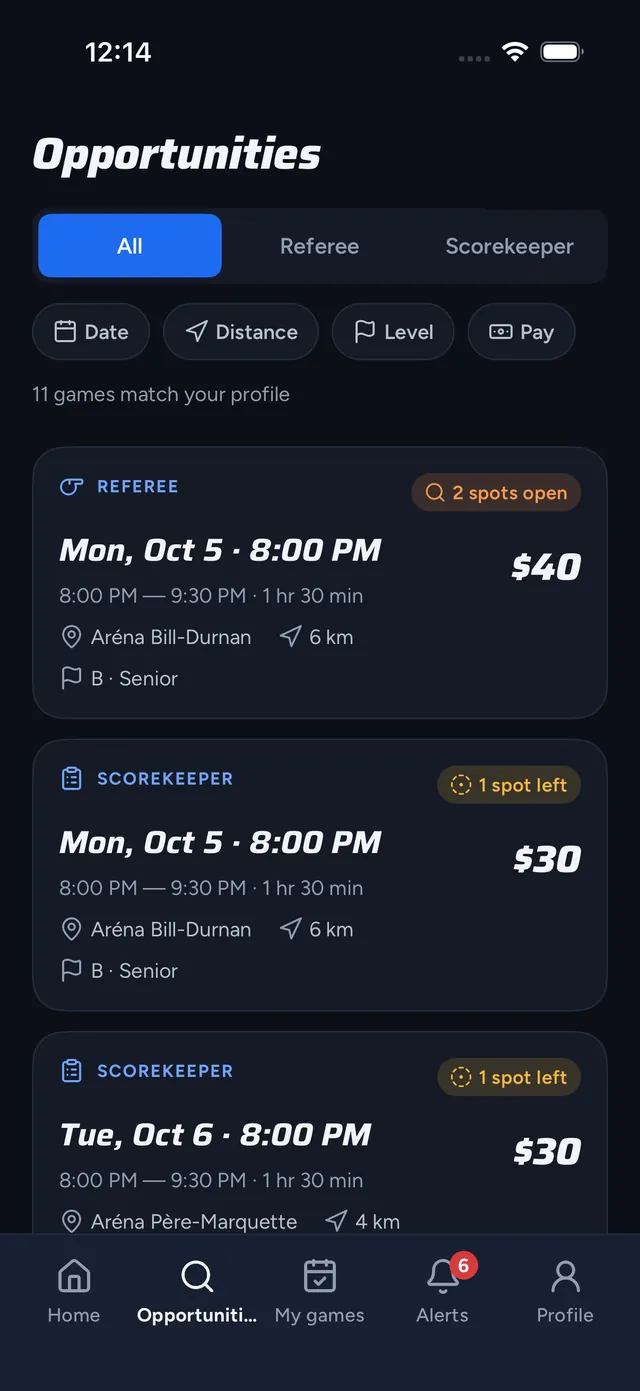 Opportunities: filters by role, date, distance, level and pay, then open games with their rate