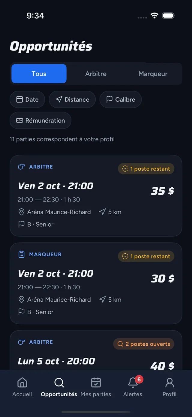 Opportunités : filtres par rôle, date, distance, calibre et rémunération, puis les parties ouvertes avec leur tarif