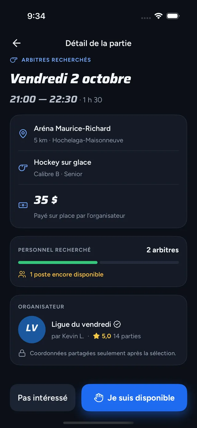 Détail d’une partie : aréna, type de hockey, rémunération, postes encore disponibles et organisateur évalué