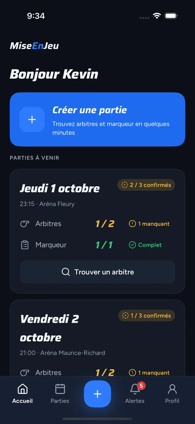 Accueil organisateur de MiseEnJeu : créer une partie et suivre le personnel confirmé